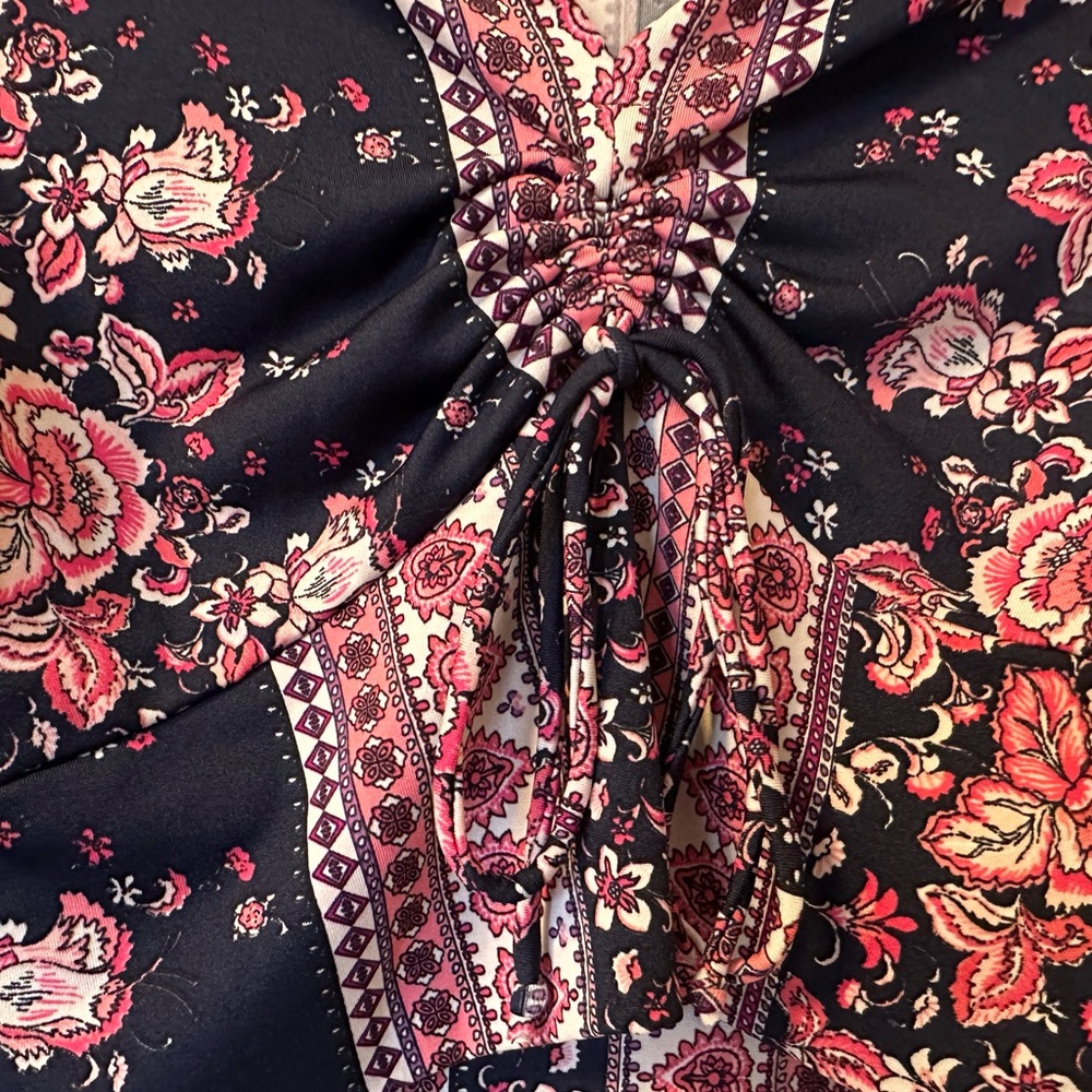 Polly & Esther Navy and Pink Floral Bell Sleeve Blouse - Picture 2 of 15